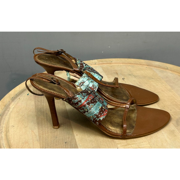 Nine West Strappy Heel Stacked Heel Womens‎ 9M Brown Floral Retro - Picture 5 of 8